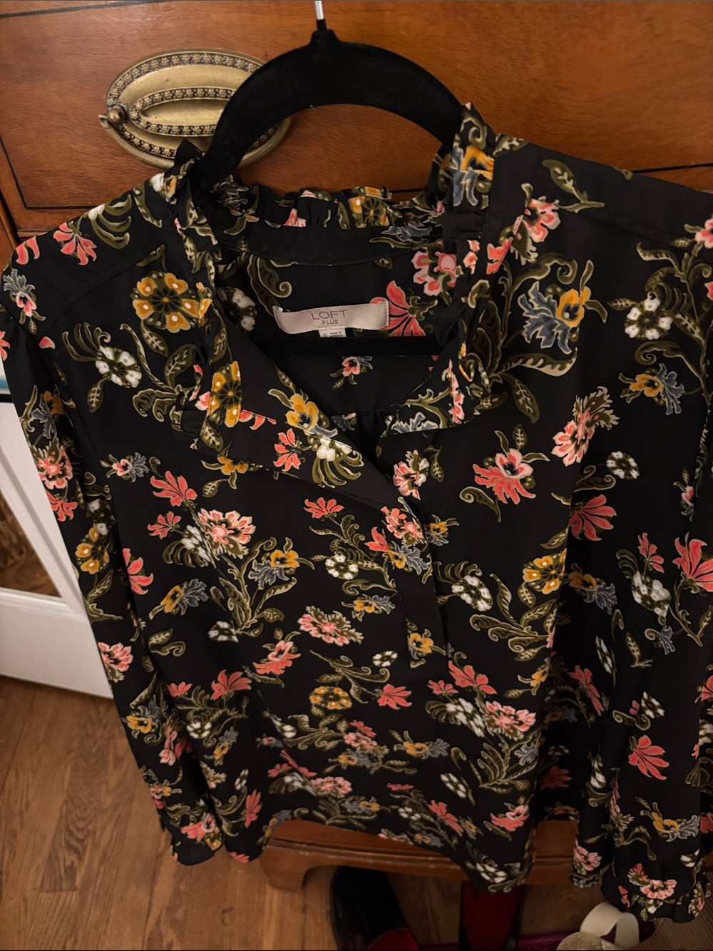 LOFT Black Floral Ruffle-Neck Blouse with Pink and Yellow Accents